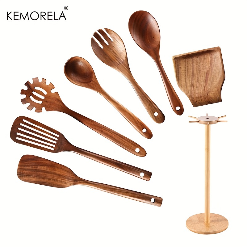 Mooues 9 cucharas de madera para cocinar, utensilios de madera para cocinar  con soporte para utensilios, juego de utensilios de cocina de madera de