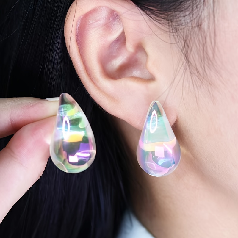 

Exquisite Colorful Transparent Water Drop Design Stud Earrings Resin Jewelry Elegant Vintage Style For Women Gift