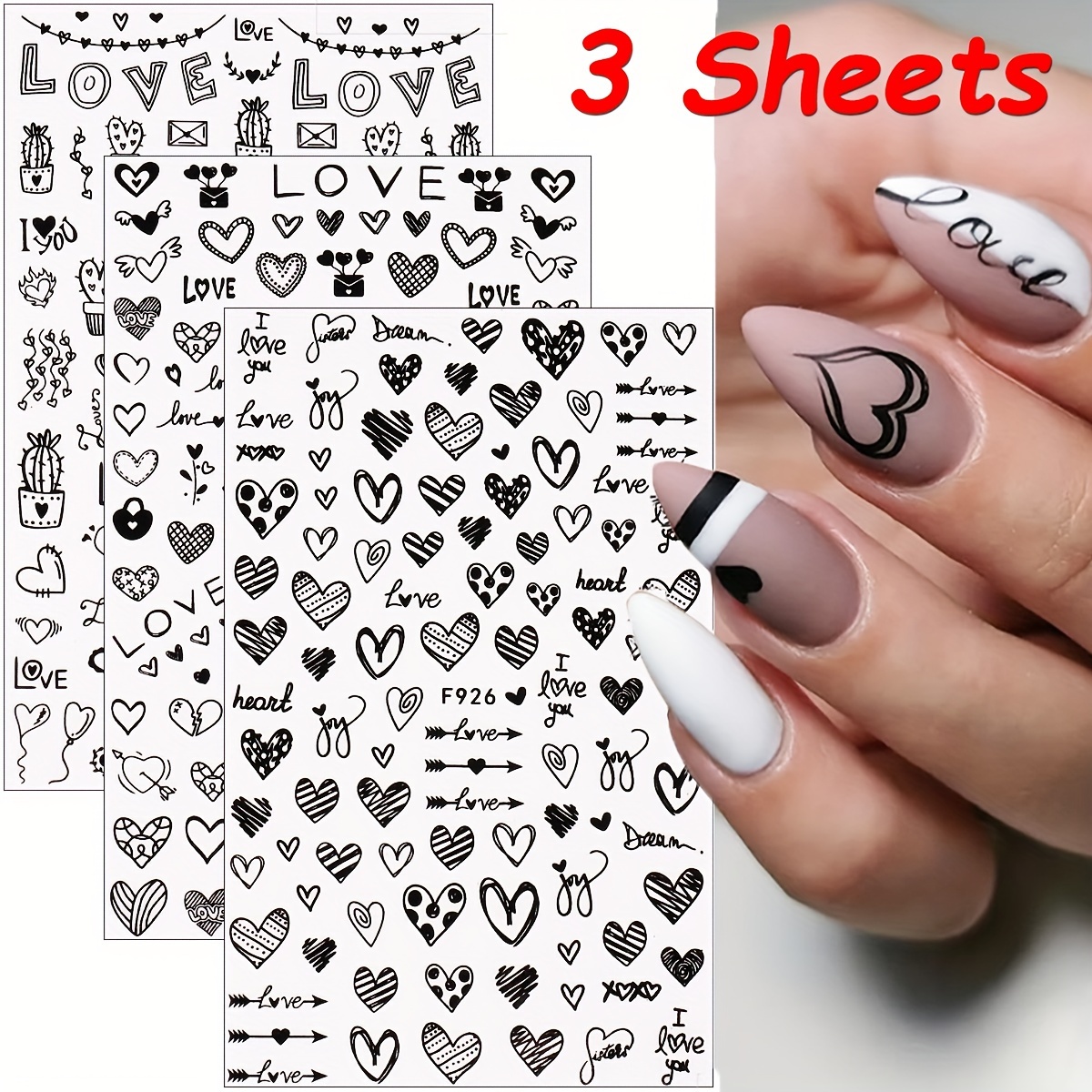 Red Heart Black Heart Nail Art Stickers, Nail Accessories