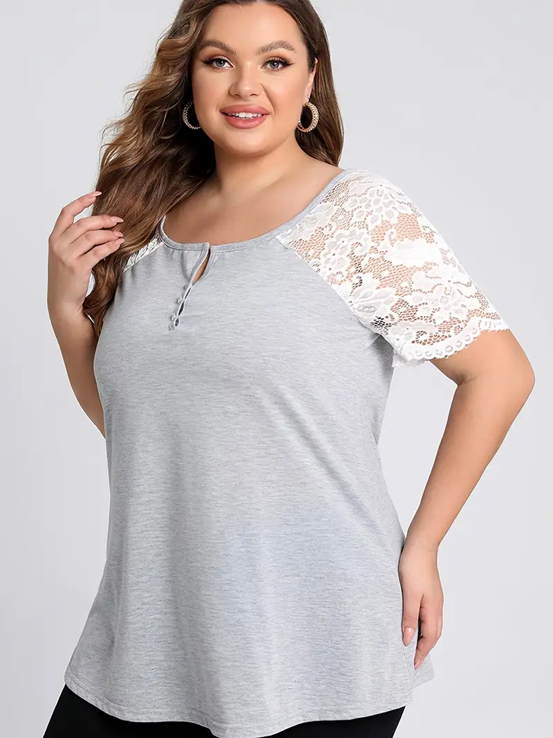 Plus Size Contrast Lace Button Detailed Short Sleeve Tops, Women's Plus  Medium Stretch Sexy Tops