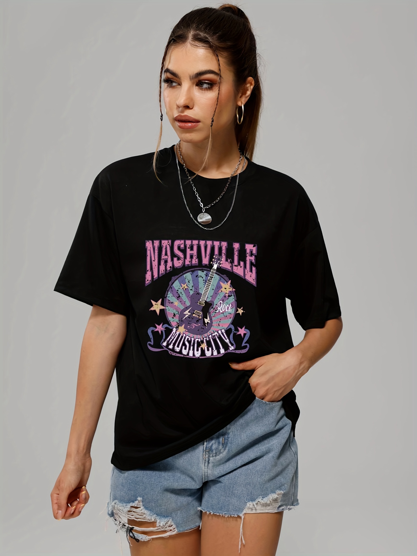 Letter Music City Guitar Graphic Tee Women Summer Versatile - Temu