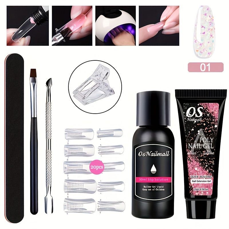 Poly Nail Gel Kit with LED Lamp, Slip Solution and Glitter Color Poly Nail  Gel All-in-One Kit