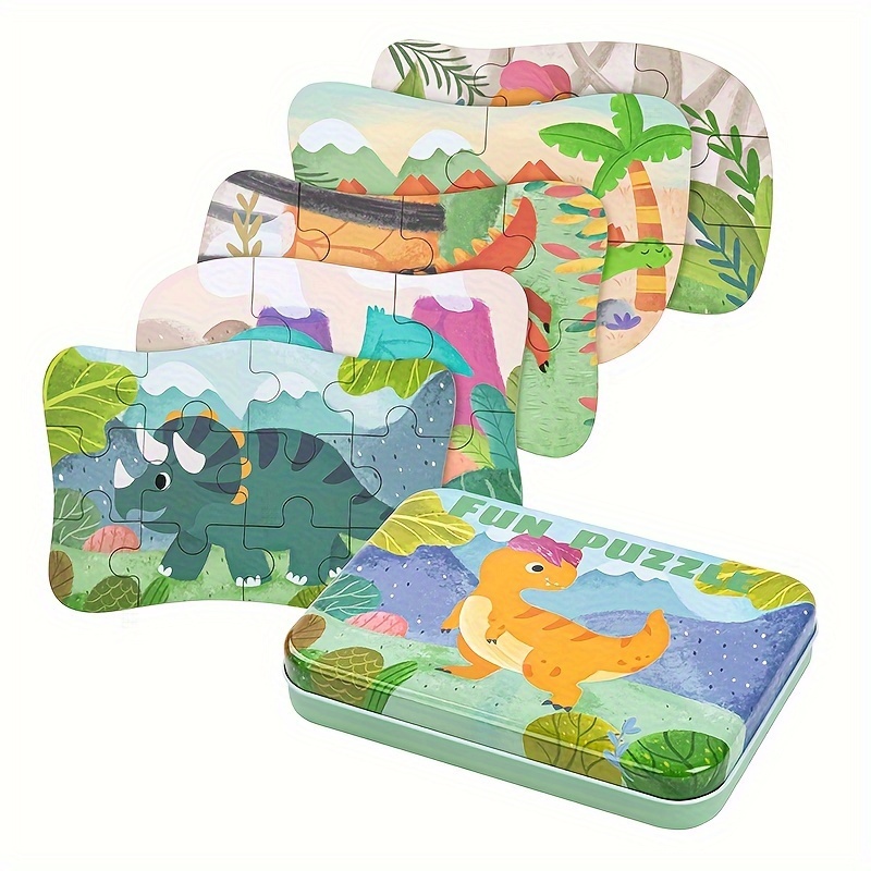 

5-in-1 Dinosaur Puzzles Set For Kids, Dinosaur Jigsaw Puzzles With Iron Storage Box, Dinosaur Educational Development Toys, Christmas Holiday Gifts For Boys Girls Children
