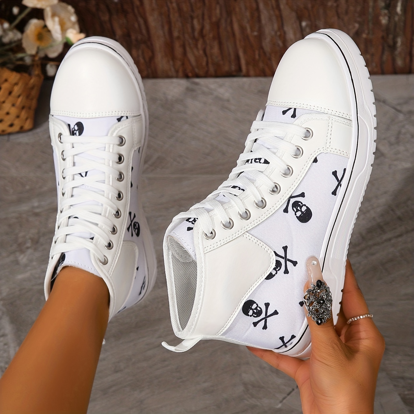 womens skull pattern sneakers round toe flat high top skate shoes casual halloween walking trainers details 0