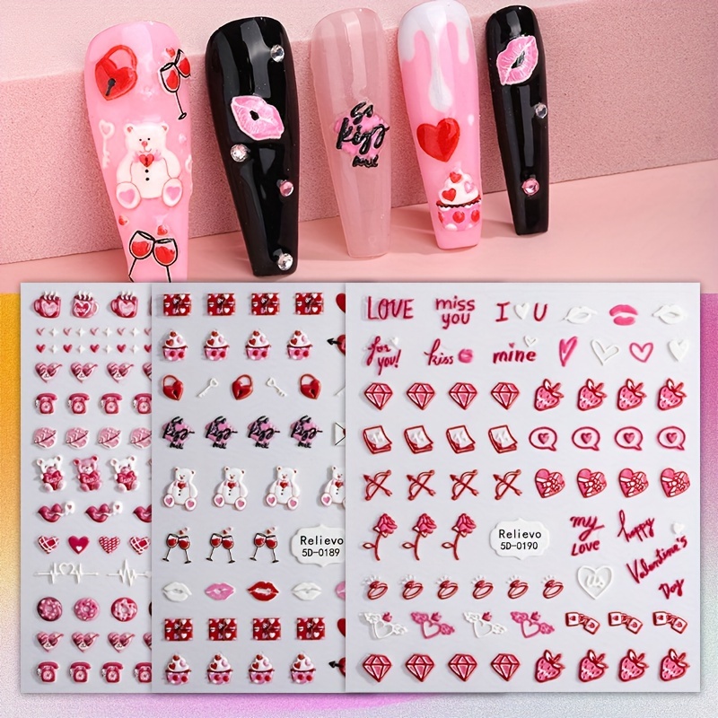 12 Sheets Valentine's Day Nail Art Stickers 3D Self-Adhesive Nail Decals  Romantic Love Heart Kiss Rose Lipstick Angel Cupid Red Lips Nail Stickers  for