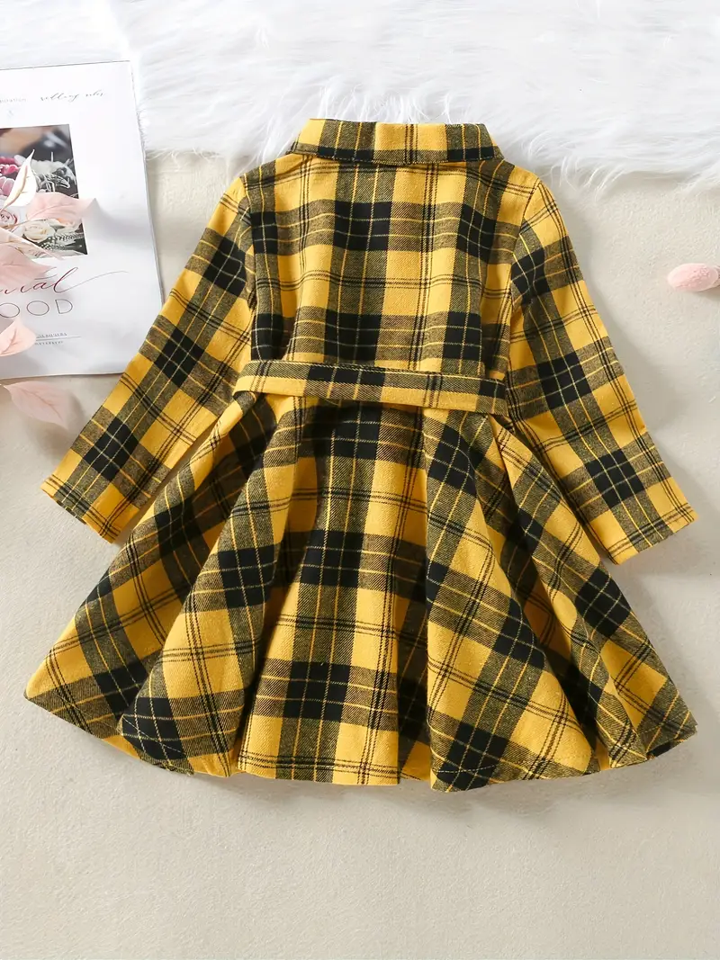 girls classic plaid dress with bowknot belt collar long sleeves dress for spring autumn details 18