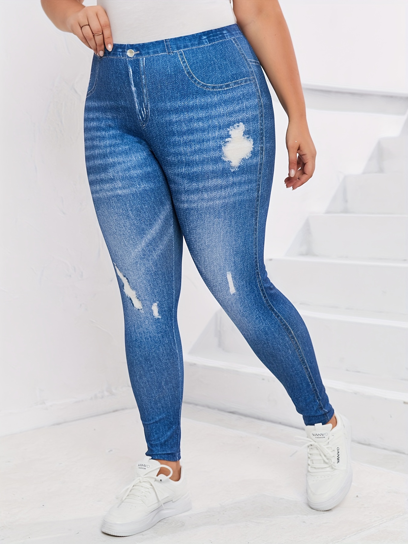 Innerwin Fake Jeans Plus Size Ladies Look Print Jeggings Running Oversized  Slim Fit Printed Denim Capri Leggings Light Blue 0XL 