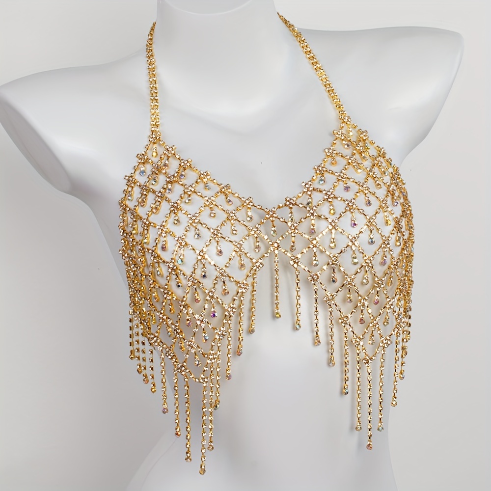 1pc Gold Fashionable Diamante Embellished Bralette With Body Chain