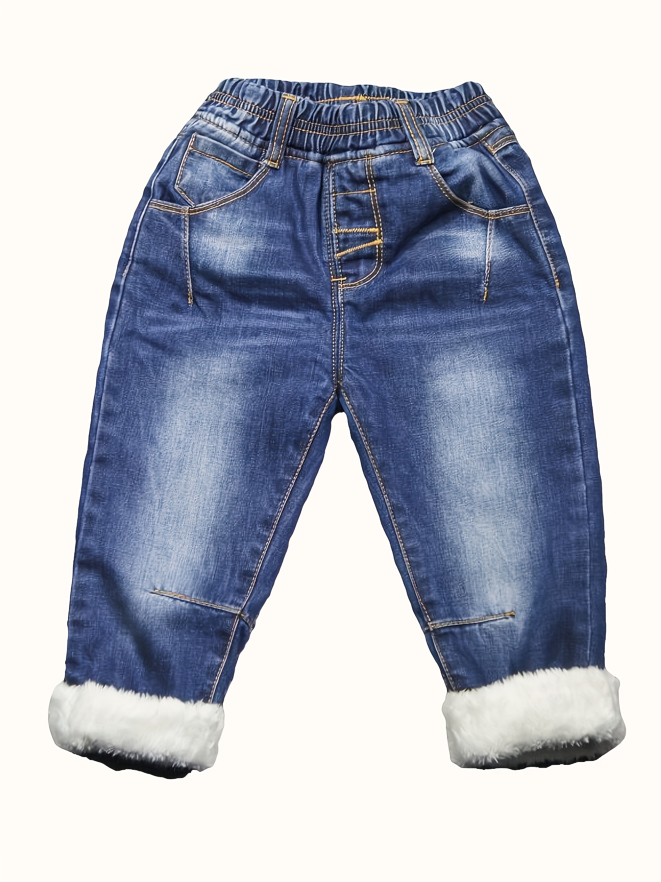 Kid's Warm Fleece Jeans For Winter Elastic Waist Denim Pants - Temu Canada