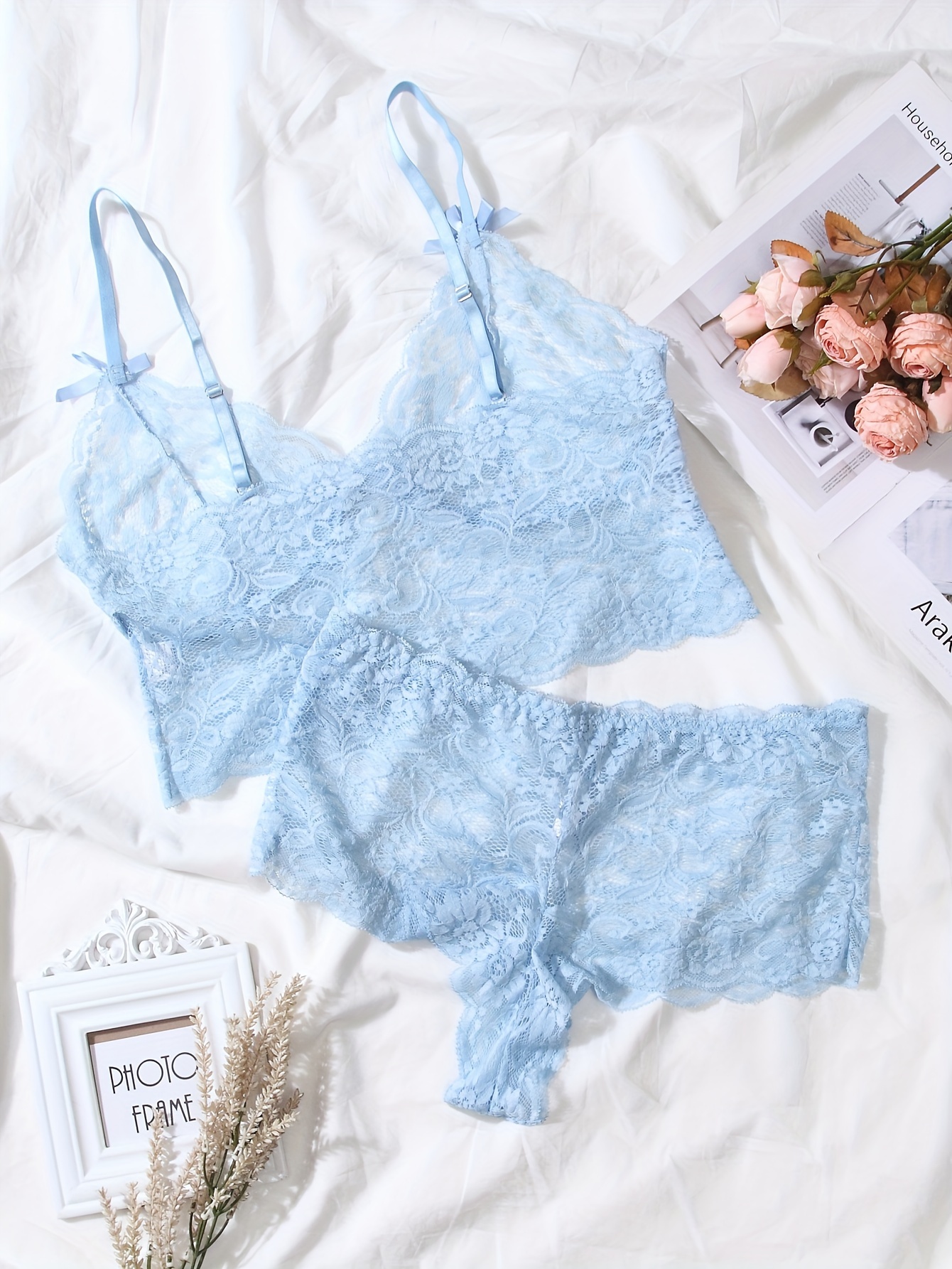 Baby Blue Embroidered Lace Strappy Lingerie Set