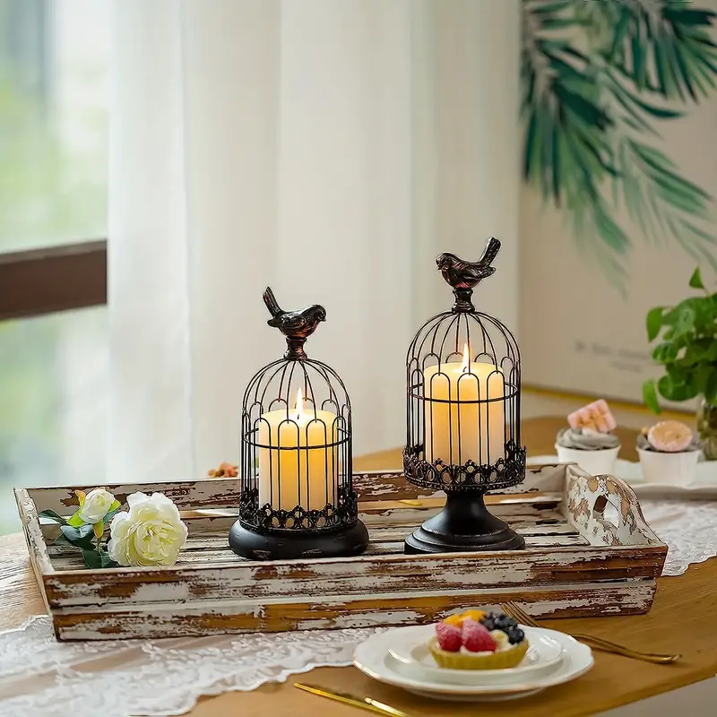 2pcs Decorative Birdcage Candle Holders For Pillar Candles Black White  Vintage Candle Holder Metal Bird Cage Candle Stands For Rustic Home Decor  Table Wedding Centerpiece Bird Decor
