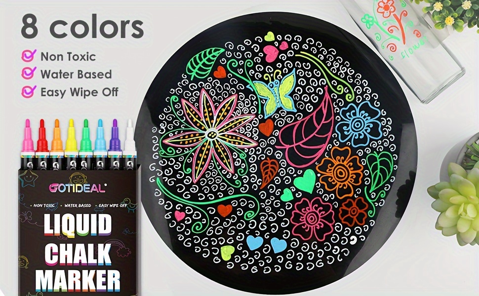 GOTIDEAL Liquid Chalk Markers, Fine Tip 8 Colors Washable Window Chalkboard Glass  Pens