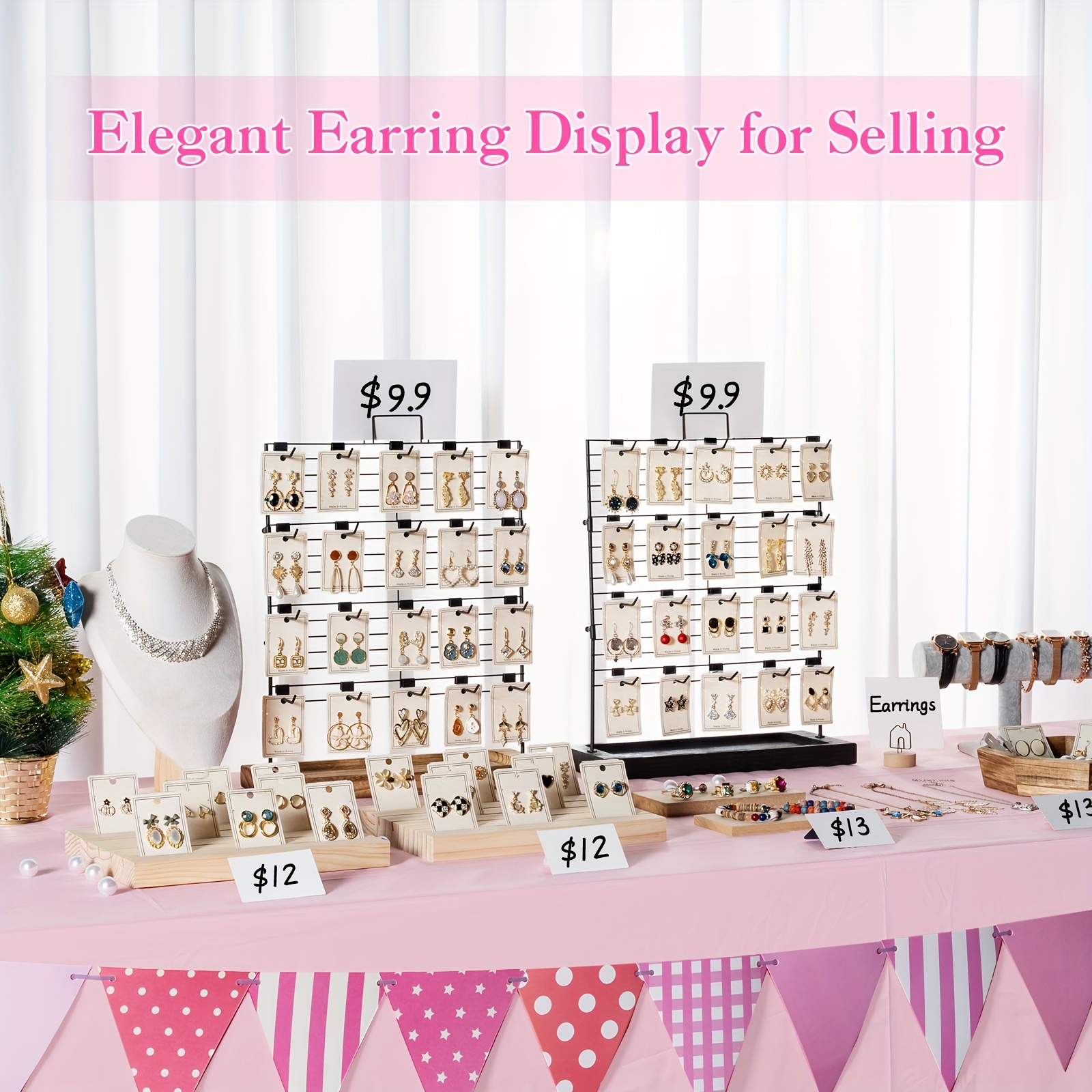 Fumingpal Earring Display Stands for Selling, Wooden Jewelry Display Rack with 20 Removable Hooks, 5-Tier Jewelry Organizer for Earring Cards