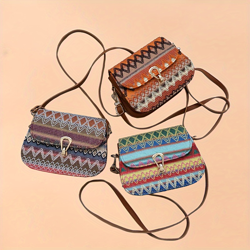 Boho Style Crossbody Bag, Colorful Geometric Print Purse, Ethnic Wide Strap  Shoulder Bag For Women - Temu