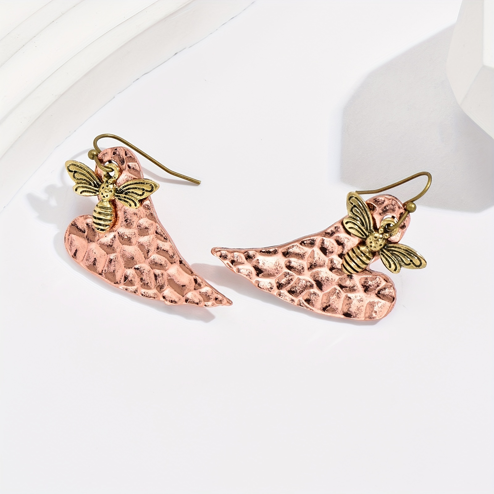 Boho Vintage Heart Leaf & Bee Earrings Golden Tone Copper Jewelry Dangle