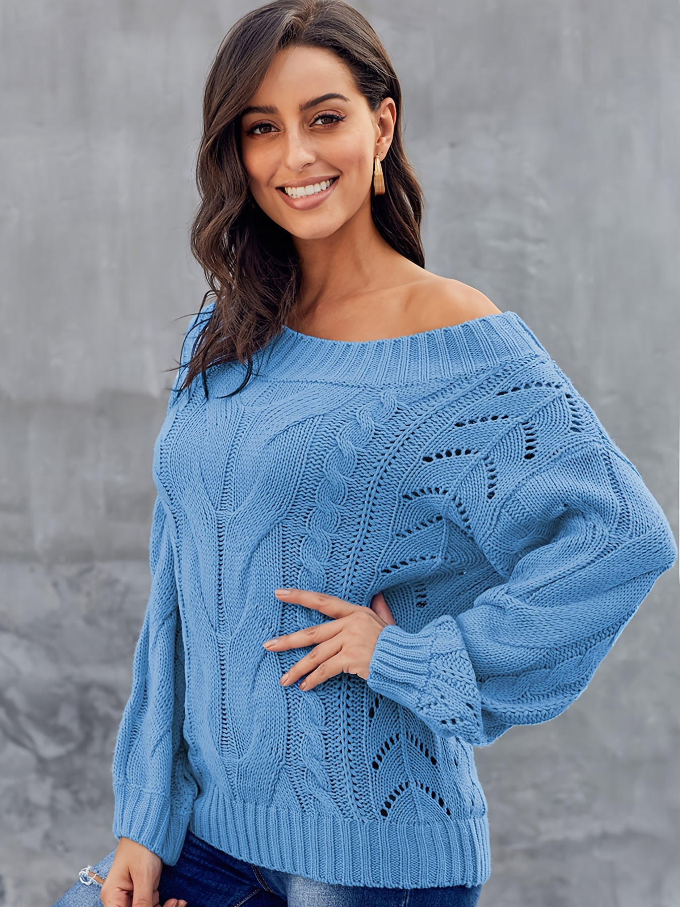 Sexy Shoulder Oversized Sweater Casual Crew Neck Long Sleeve - Temu