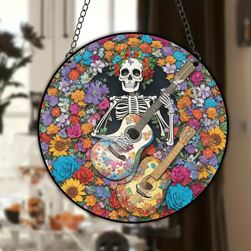 1pc stained skull artwork suncatcher window hanging easy to hang halloween for gift home deco unique wall decorations festival or workmates a gift details 0
