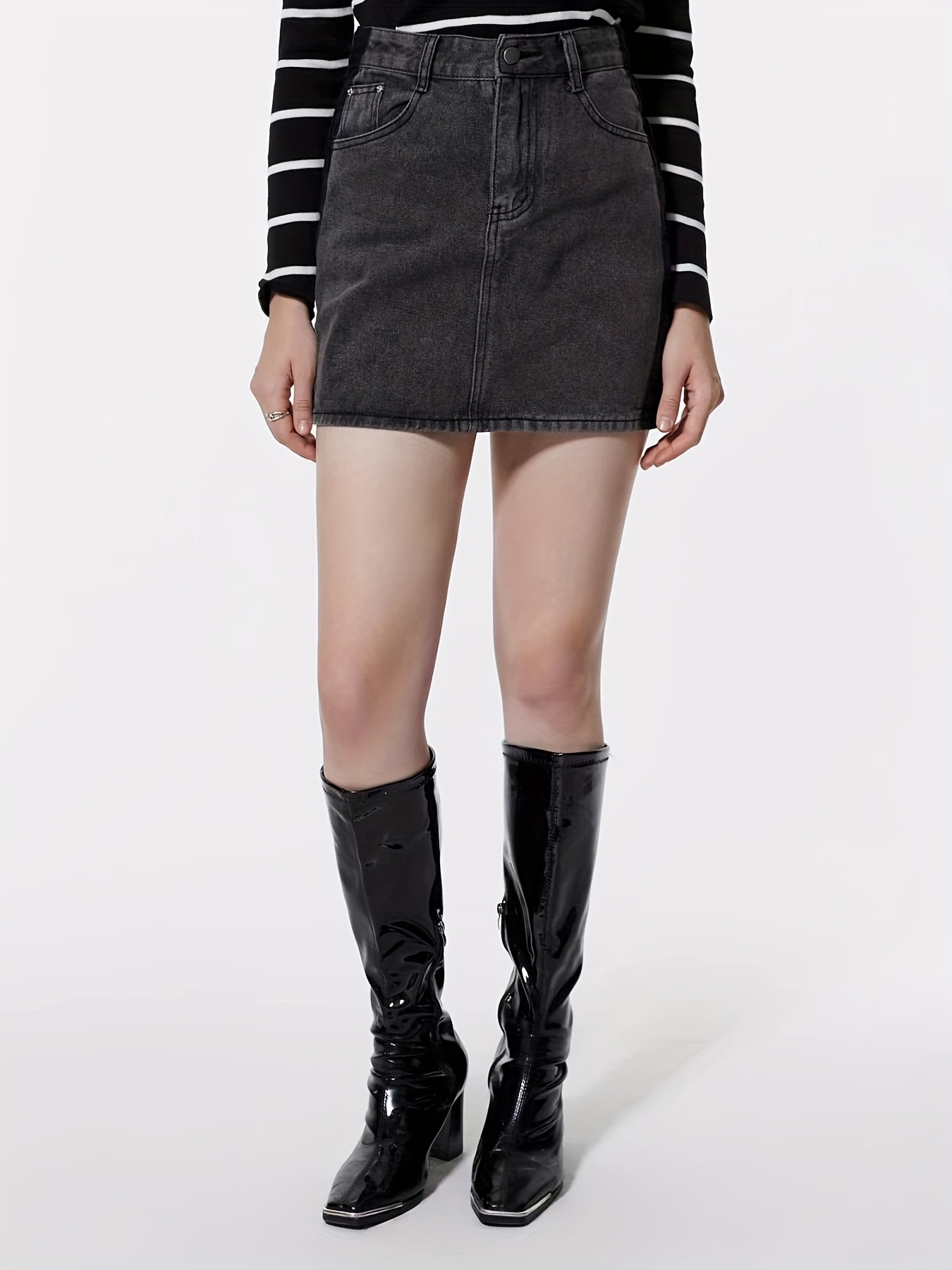 Dark Gray Denim Skirt with Slash Pockets