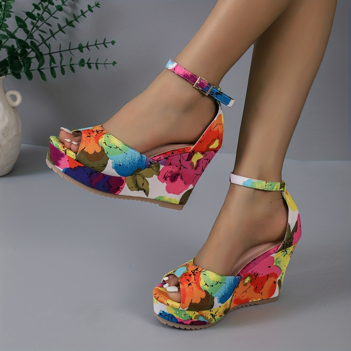 Women's Floral Print Wedge Sandals Stylish Ribbon Details - Temu