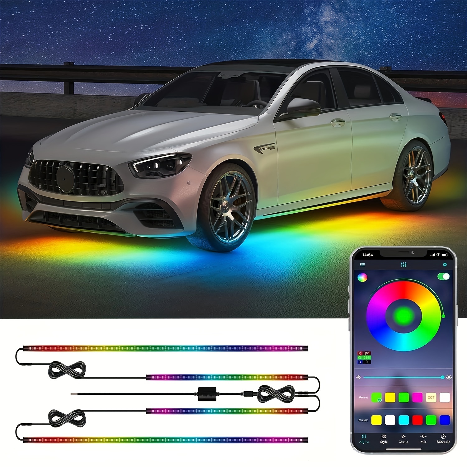 Kit Eclairage Flexible Sous Chassis Auto Voiture RGB Multicolore
