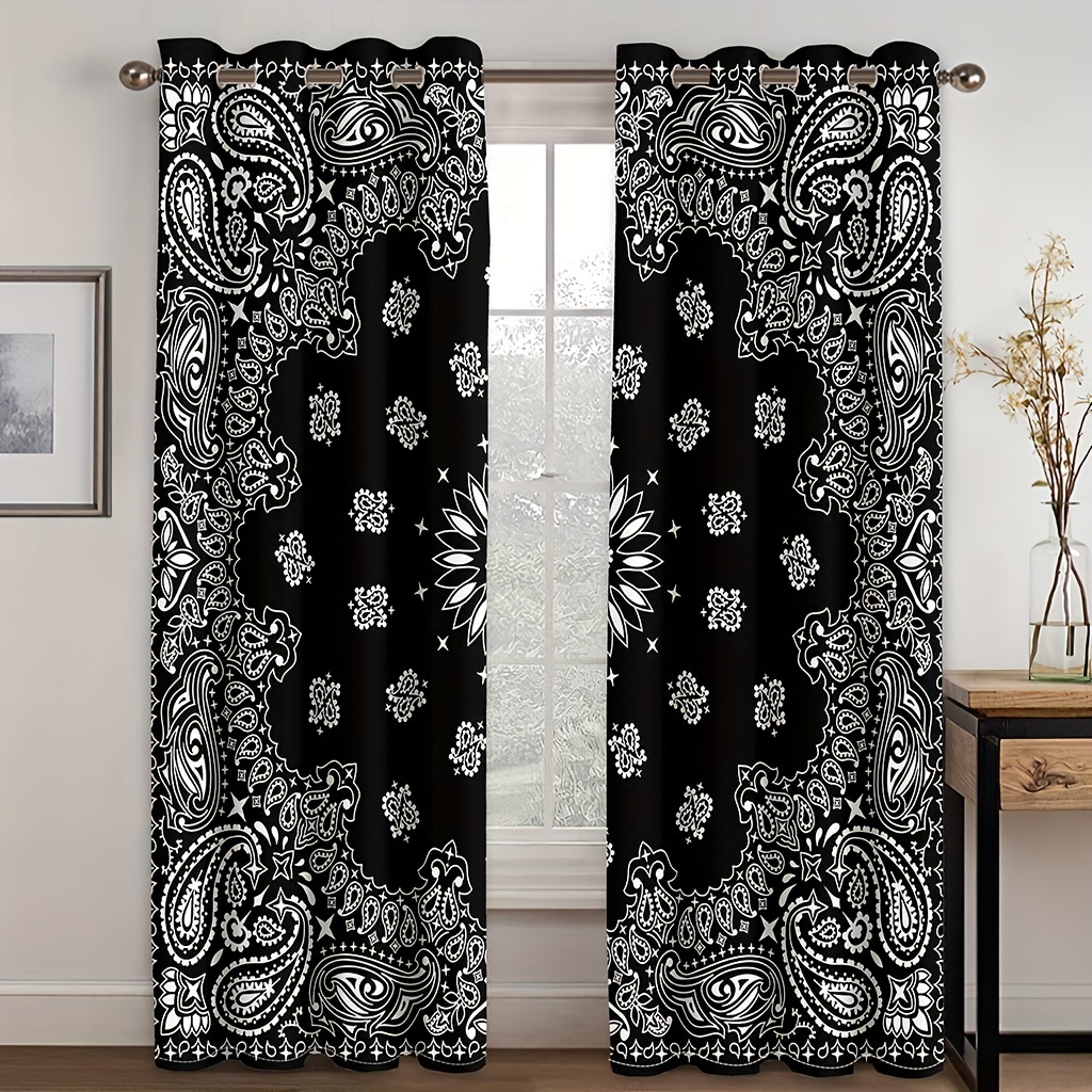 2pcs Black Floral Curtains Bohemian Mandala Flowers Window Curtain Drapes Treatment For Bedroom Living Room Home Decor