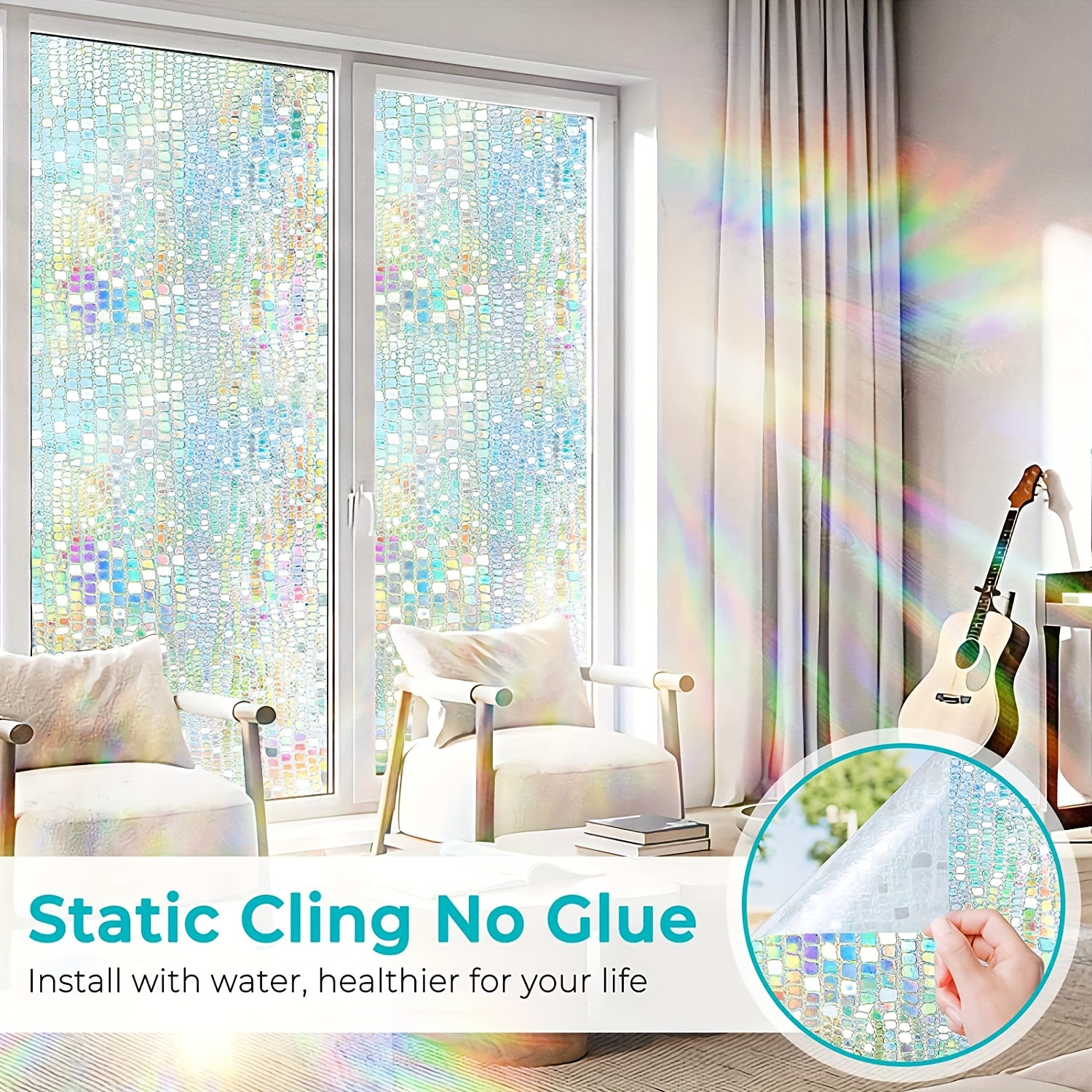 Window Privacy Film,No Glue Static Cling Window Sticker,3D Stained