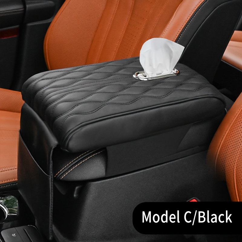 1pc Black Car Armrest Box Pad With Tissue Holder