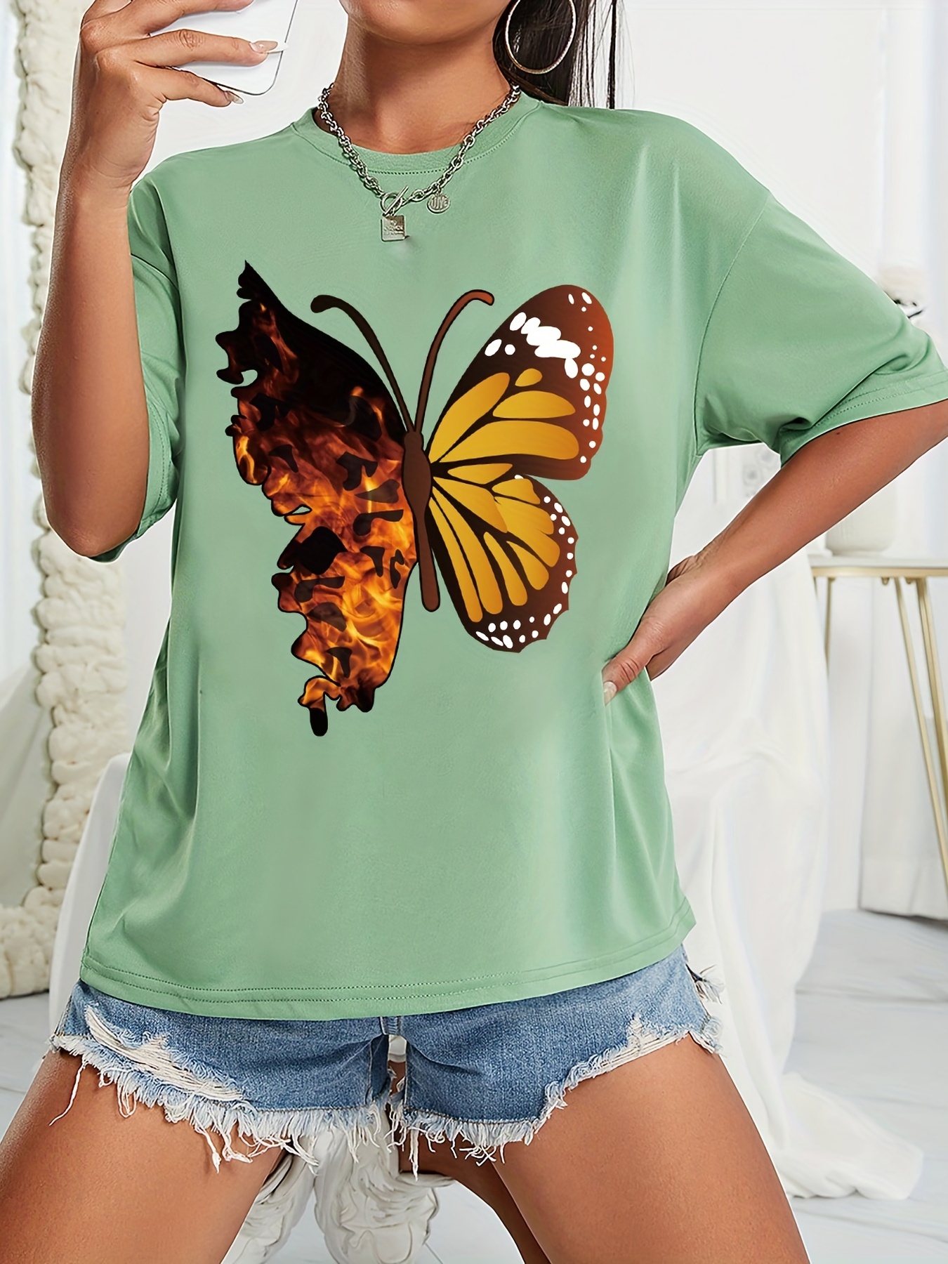 Camisetas para mujer, con estampado gráfico floral de mariposas, cuello  redondo, manga corta, camisetas de verano (color 1-naranja, talla: L)