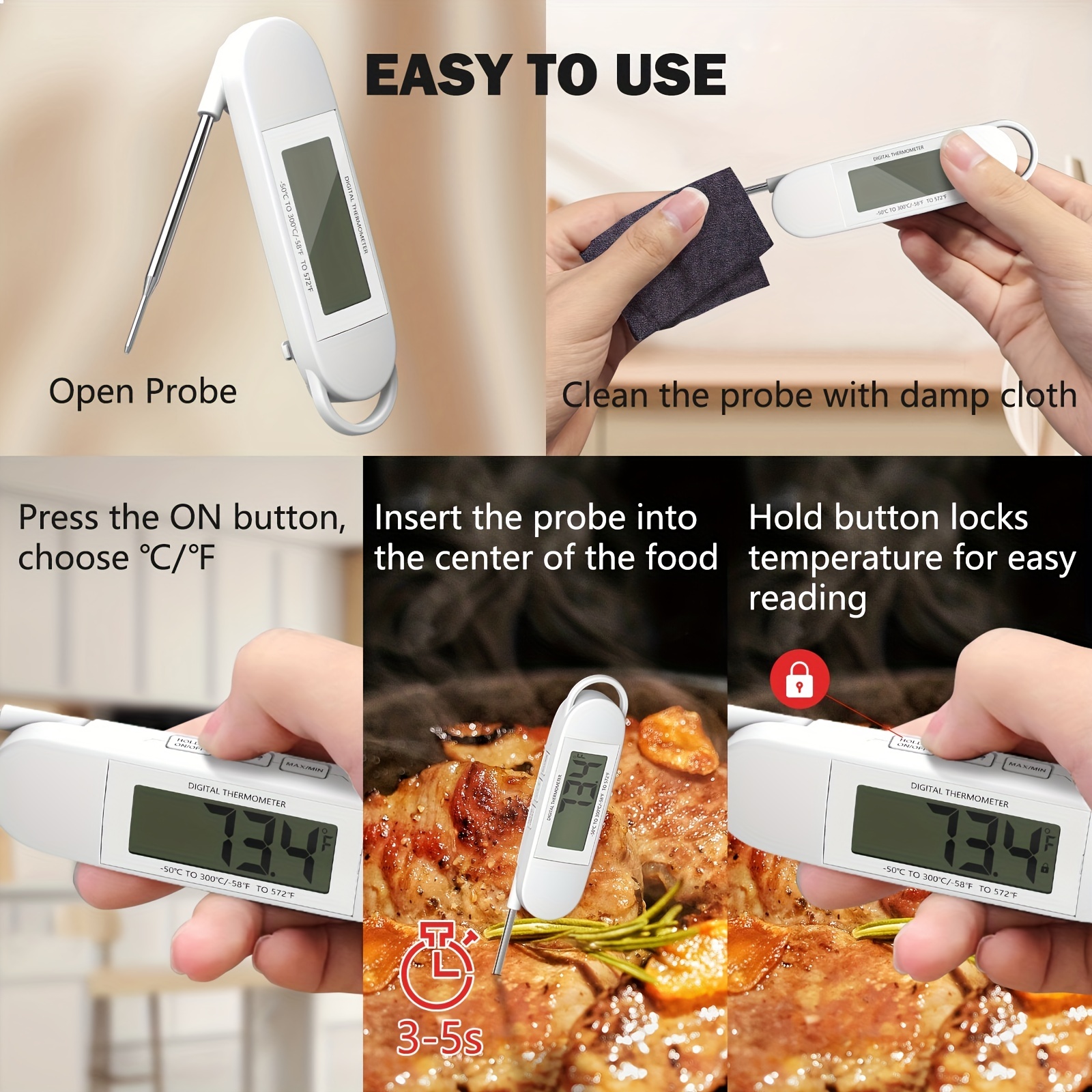 Meat Thermometer,Quick Measuring Kitchen Temperature Probe with Hold Button LCD Display F/C Digital Instant for Grill Cooking Camping, Size: 2, White