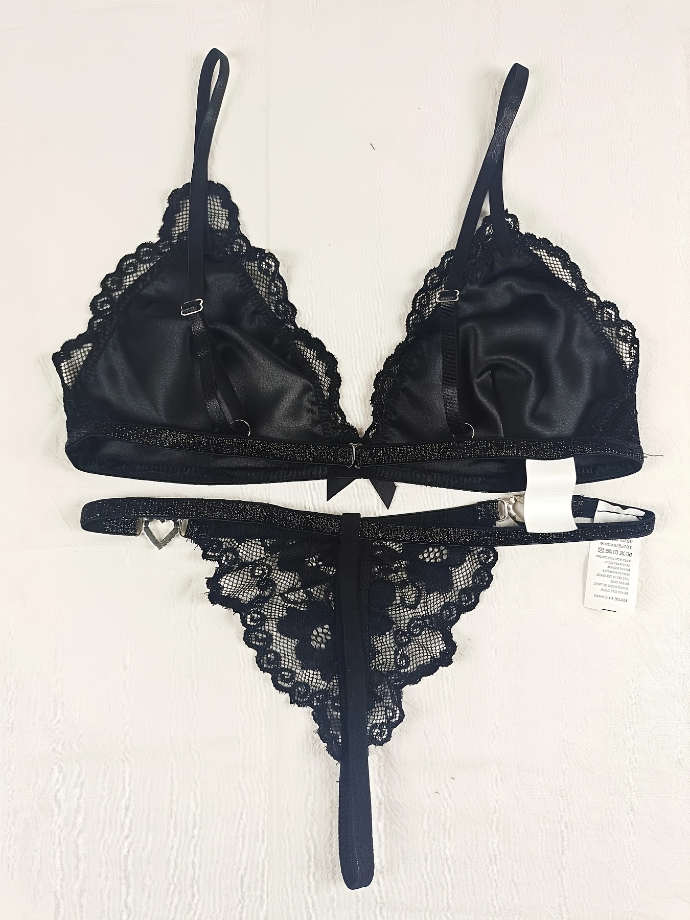 Romantic Contrast Lace Lingerie Set, Bow Tie Push Up Bra & Thong, Women's  Sexy Lingerie & Underwear