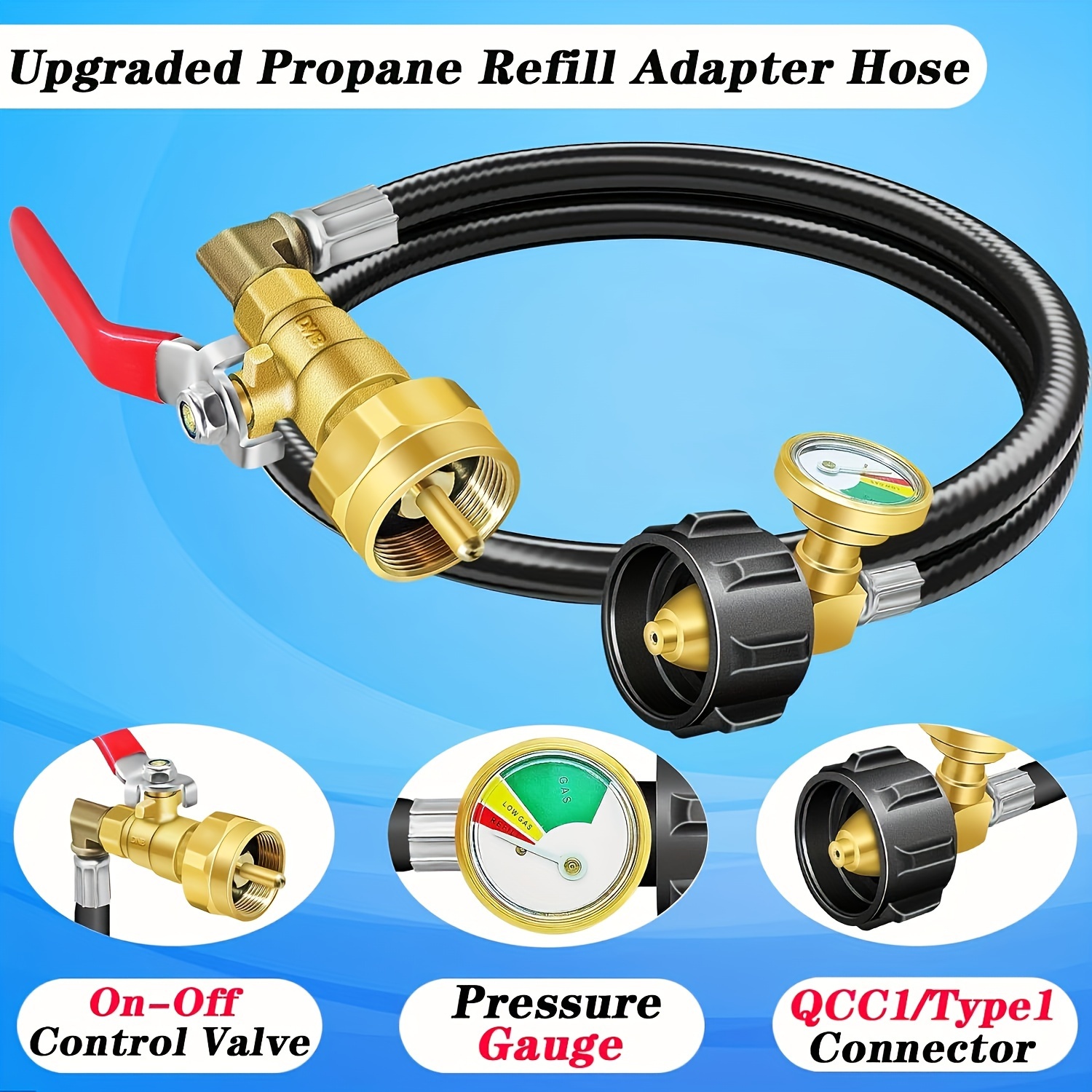 3 feet propane refill adapter hose with gauge and on off control valve extension propane refill hose fill 1 pound bottles from 20lb tank