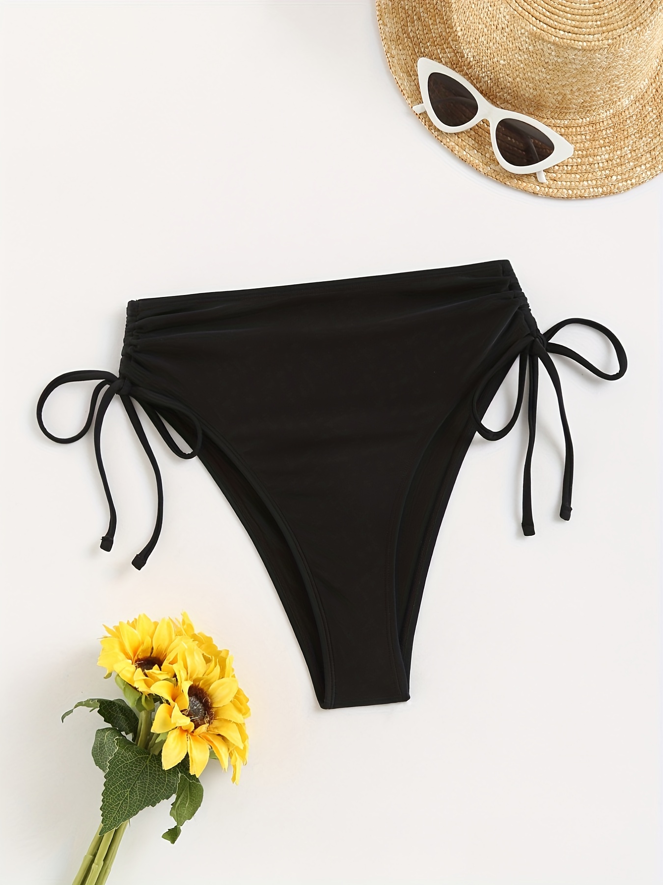 High Waist Crossover Black Bikini Bottoms, Solid Color High Strech Sexy  Swim Briefs, Women's Swimwear & Clothing