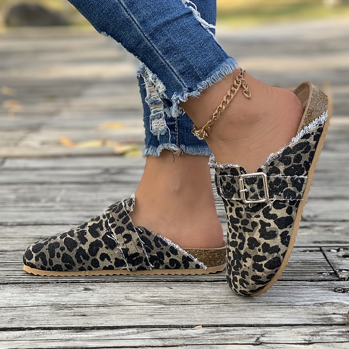 Women's Retro Leopard Print Cork Mules, Casual Closed Toe Slip On Flat  Shoes, Buckle Strap Outdoor Slide Shoes