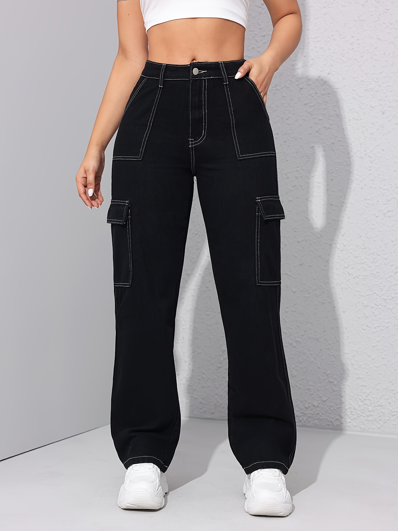 High Waist Washed Cargo Pants Loose Fit Flap Pockets Y2k - Temu