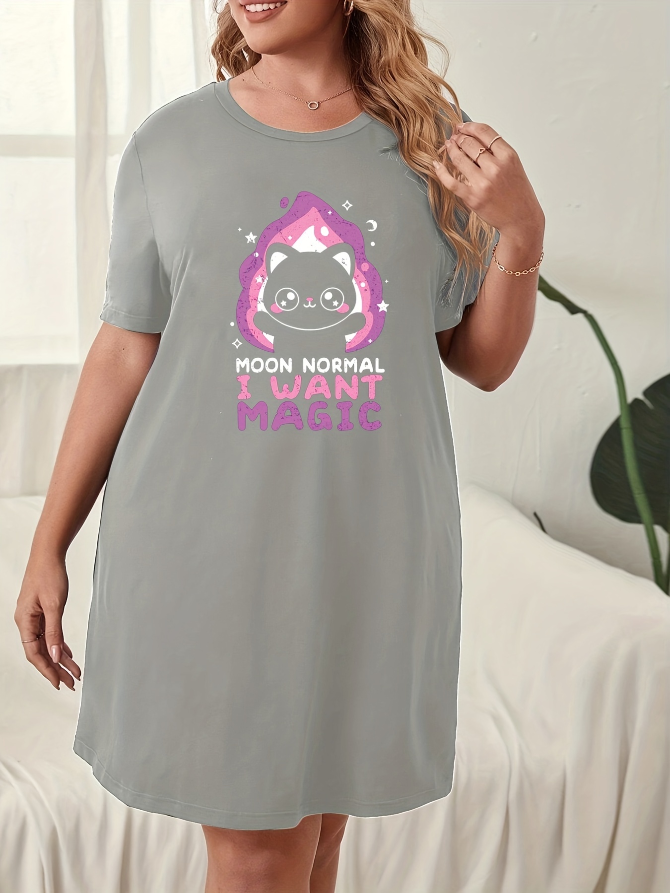 Casual Lounge Dress Women's Plus Cat & Slogan Print Short Sleeve