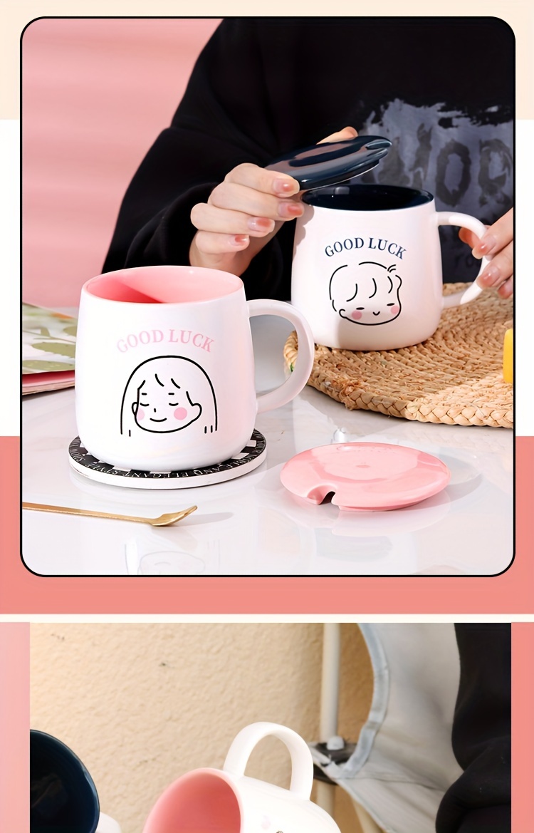 Creative Personality Cup Ceramic Mug with Lid Spoon Trend Couple Drinking  Cup Home Coffee Cup Men and Women Tea Cup Kawaii Mug