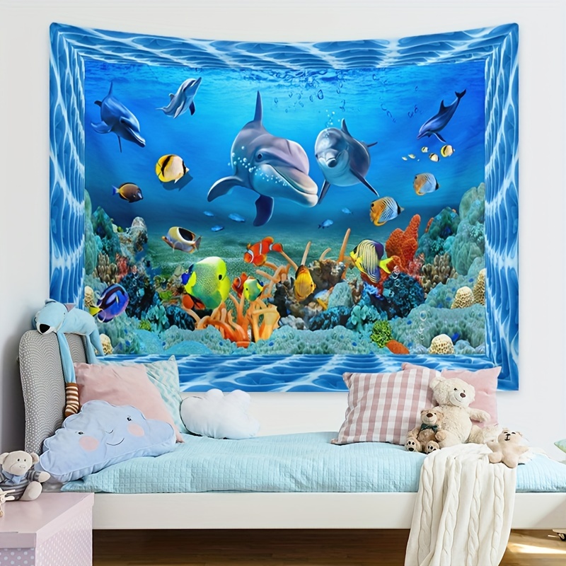 Underwater World Tapestry Dolphin Fish Fantasy Cave Tapestry