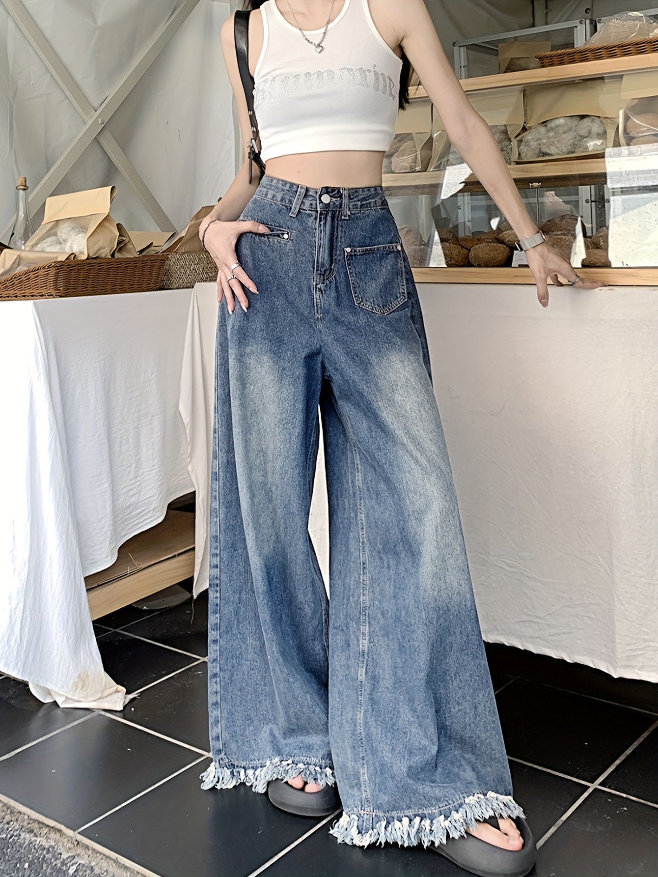 Dark Blue Frayed Hem Baggy Jeans, Loose Fit High Waist Retro Style Wide  Legs Jeans, Women's Denim Jeans & Clothing