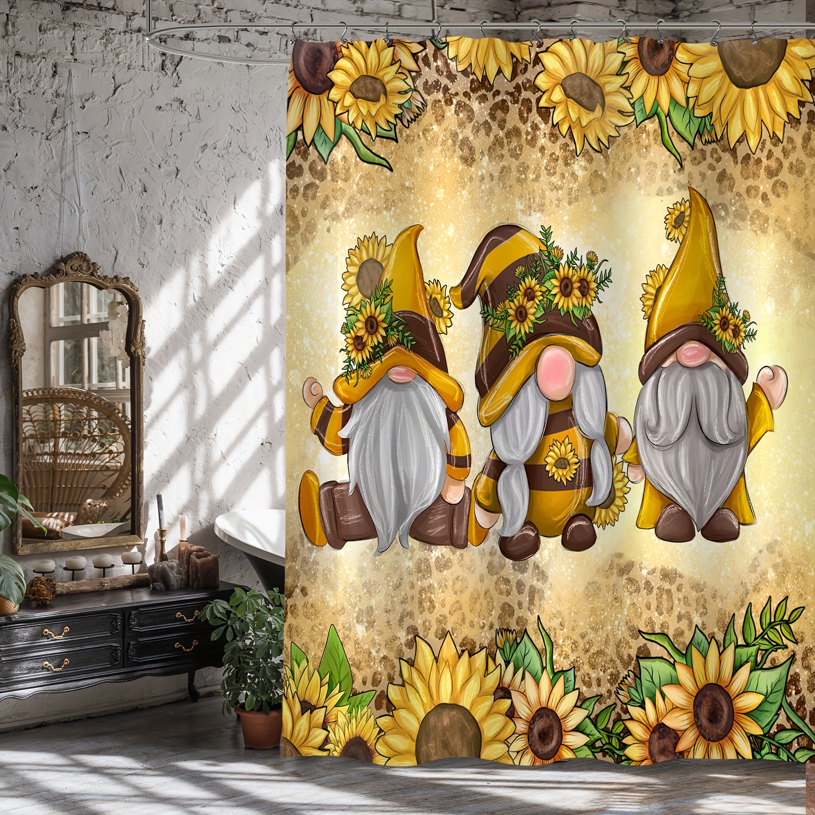1/4pcs Sunflower Gnome Shower Curtain Set, Waterproof Shower Curtain with 12 , Bathroom Rug, Toilet U-Shape Mat, Toilet Lid Cover, Bathroom Decor