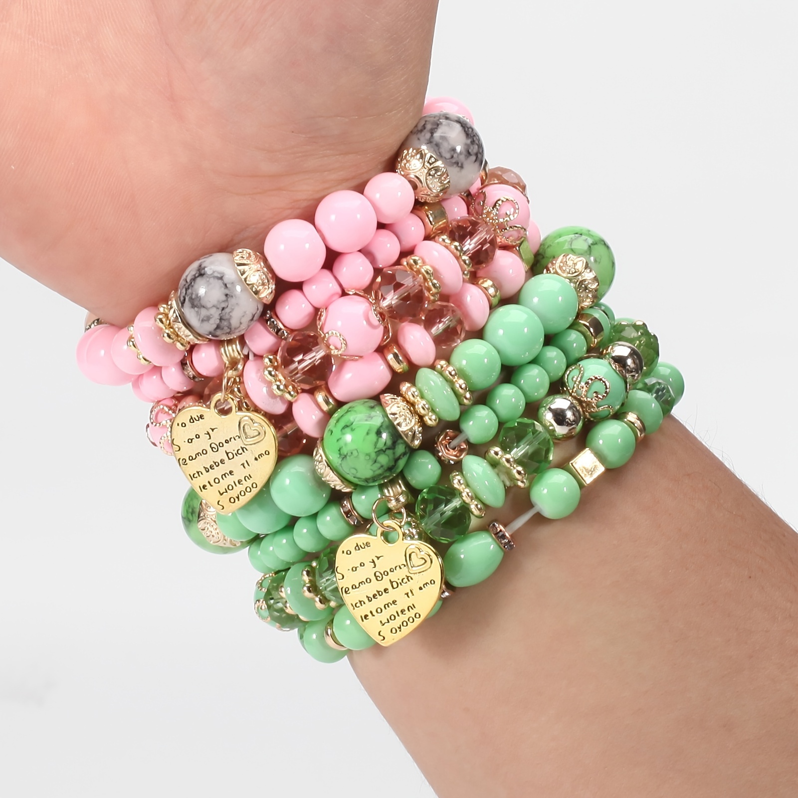 Multi Beaded Bracelets Layer Stretch Heart Charms Pink Beach