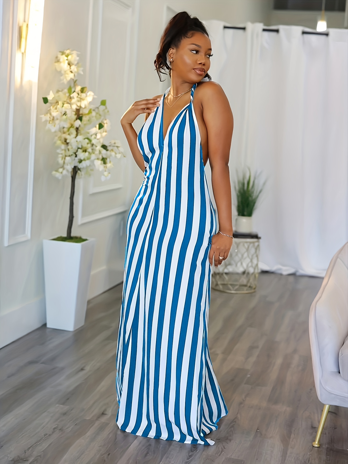 Blue and white striped halter outlet dress