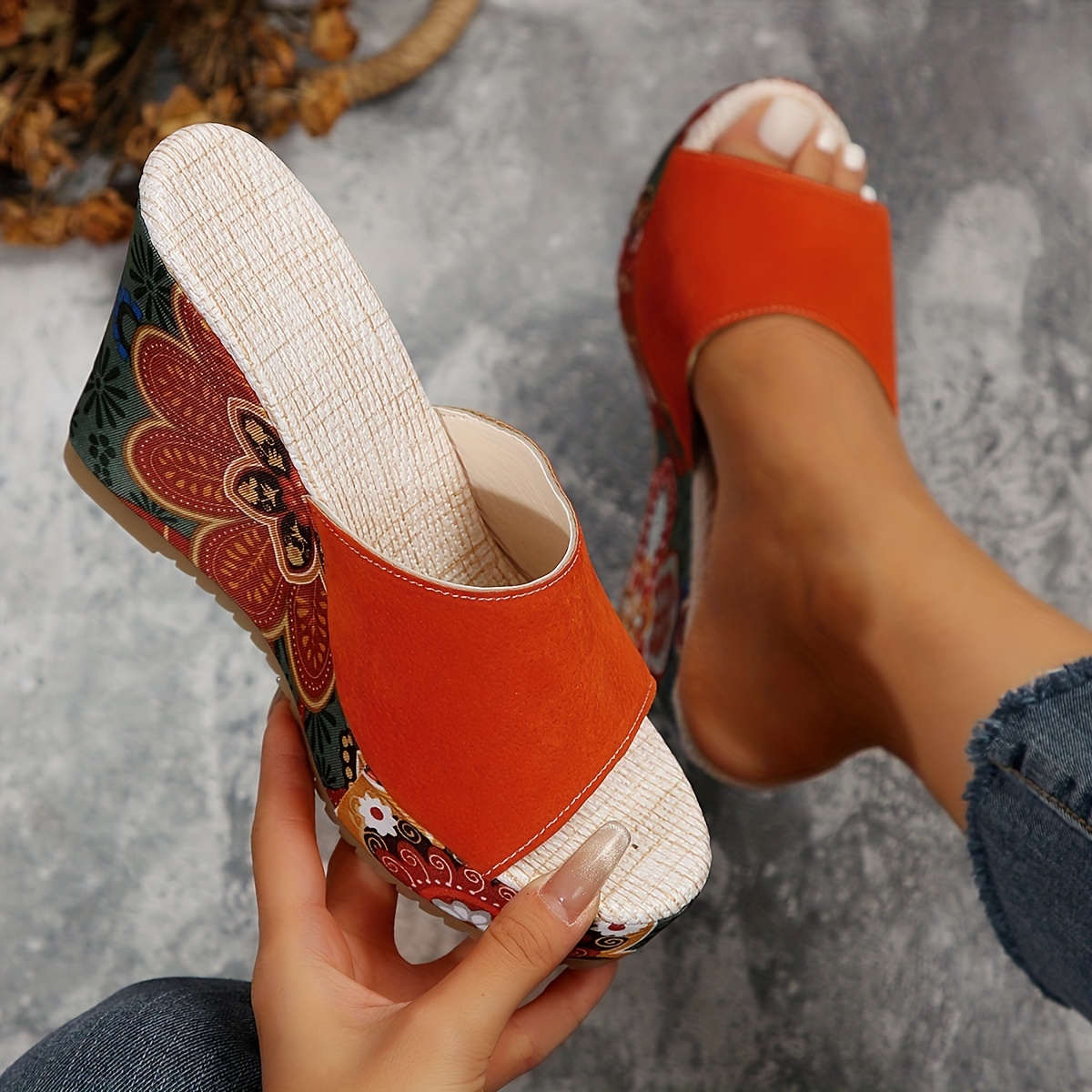 Women's Wedge Sandals Floral Print Open Toe Slip Heels - Temu