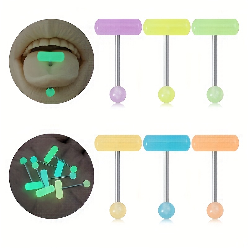 6pc Luminous Acrylic Tongue Stud Ring Set
