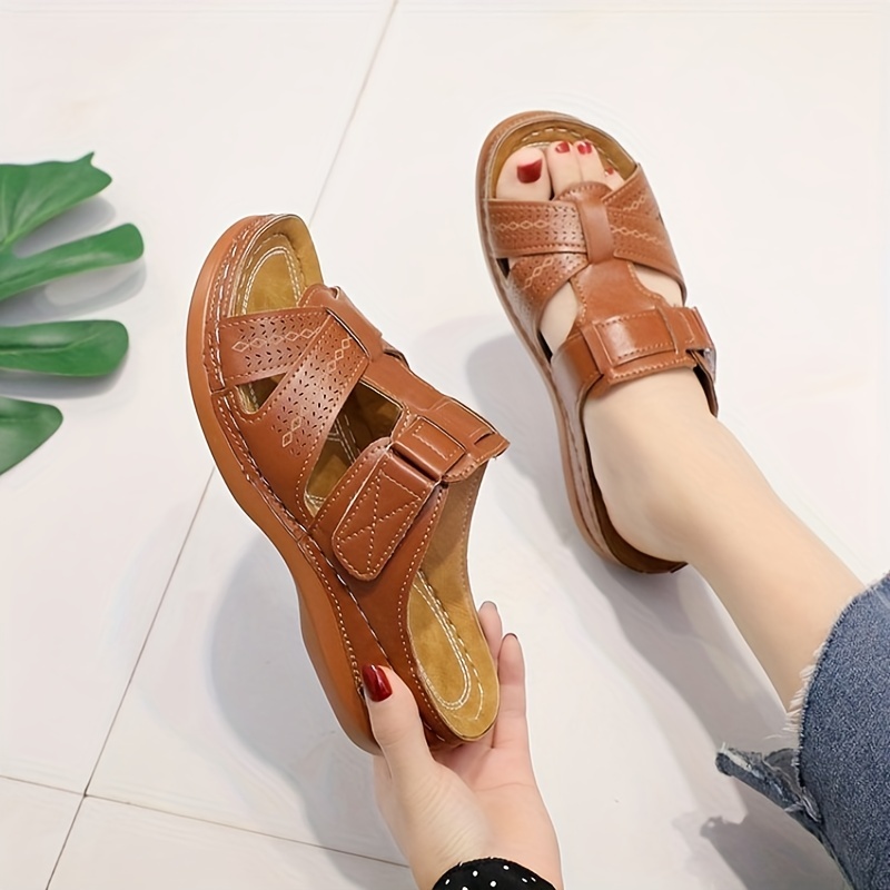womens vintage style summer sandals solid color open toe slip on shoes with stitched detail flat rubber   made materials     4