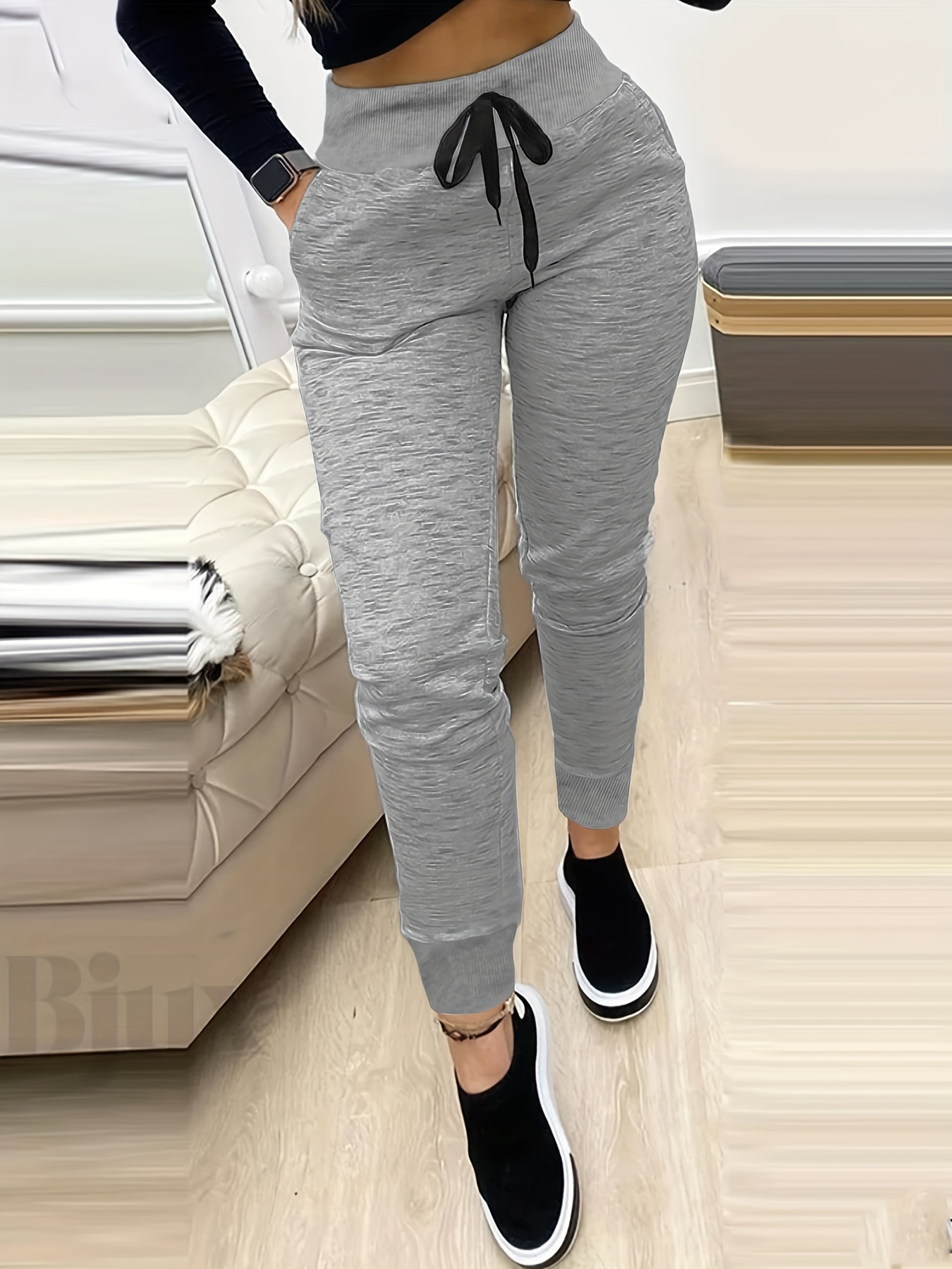 Plus Size Sports Pants Women's Plus Solid Tie Front High - Temu