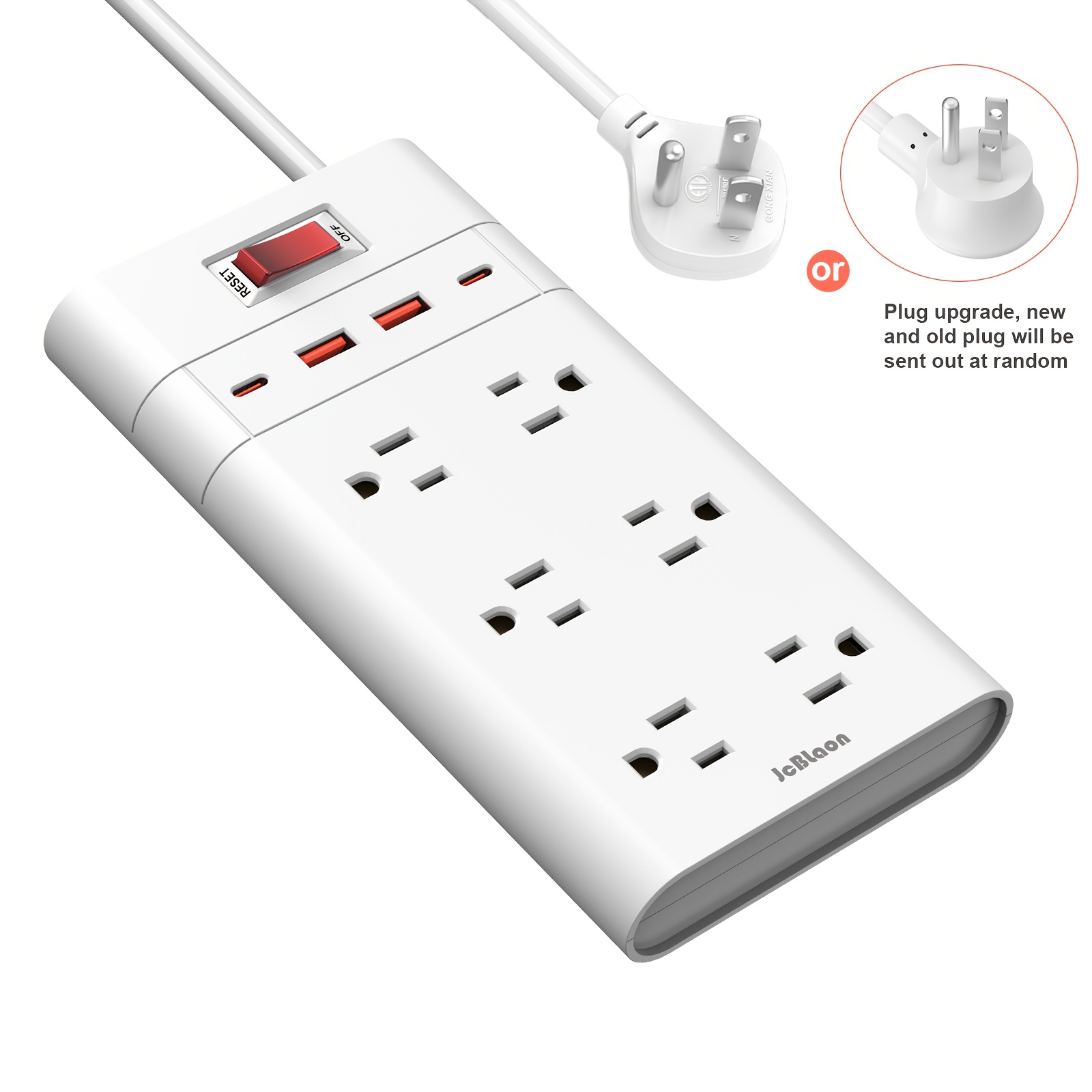 10FT Ultra-Thin Extension Cord,6 Wide-Spaced Outlets 3 USB Ports