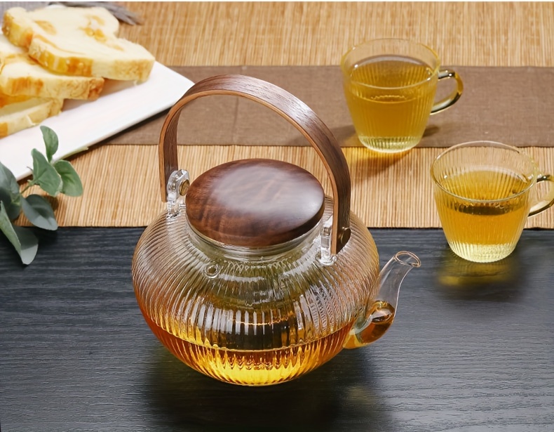 Vertical Pattern Glass Teapot With Walnut Cover Heat - Temu