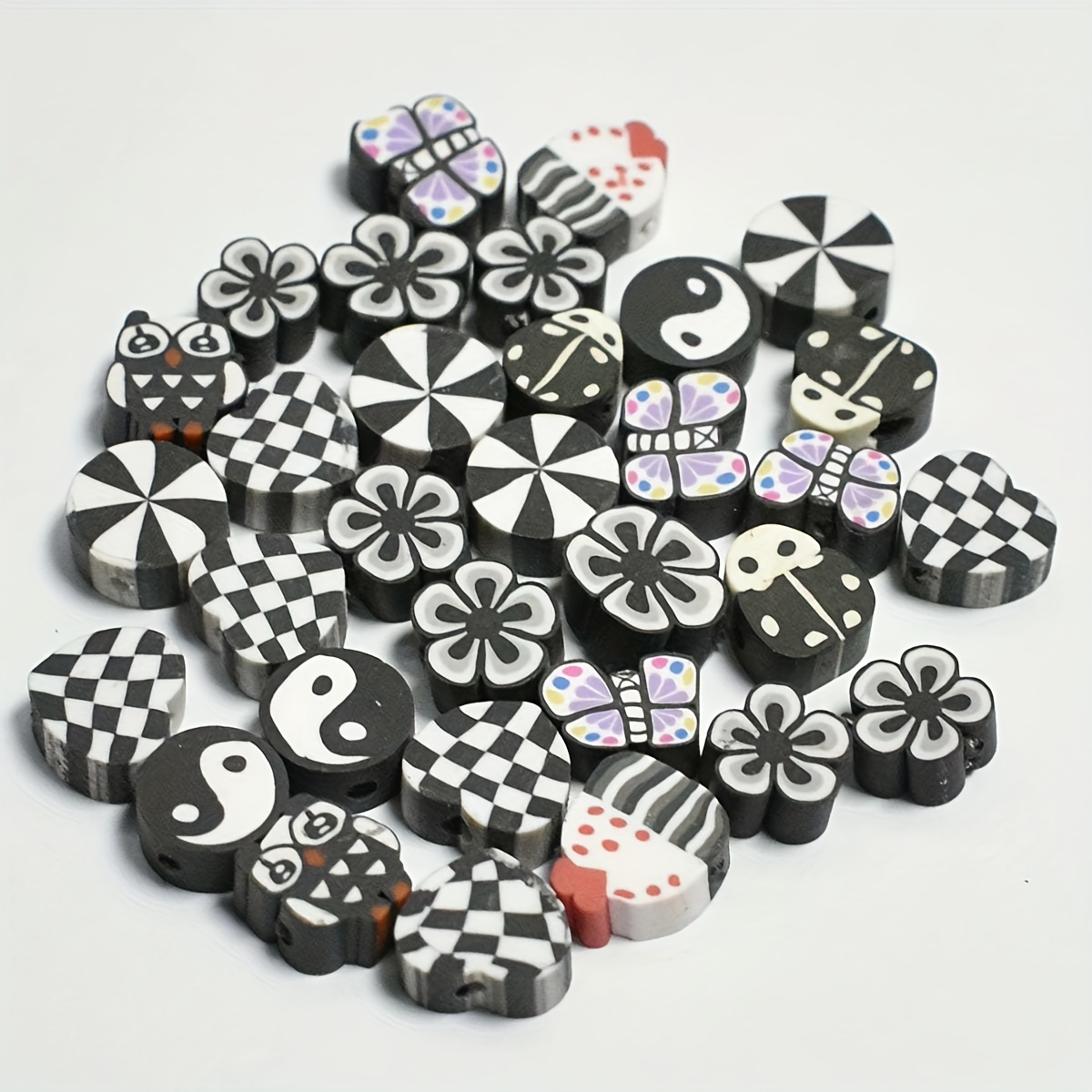 Black White Clay Beads 20pcs/lot Beads With Cartoon Pattern Polymer Beads  For Jewelry Making DIY Key Chain Earrings Accessories