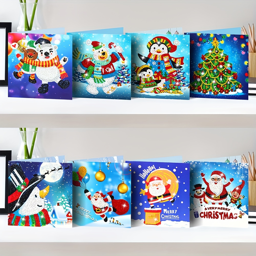 

8pcs Diy Christmas Greeting Cards With Artificial Diamond Painting Christmas Tree Santa Claus New Year Greeting Cards Christmas Gifts Art Artificial Diamonds Greetings