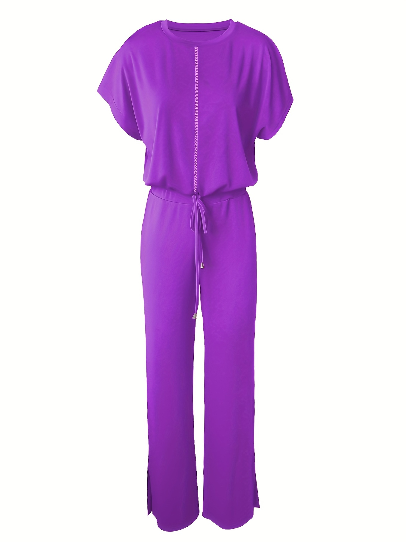 YWDJ Two Piece Outfits for Women Classy Women Plus Size Solid Short Sleeve  O Neck Bandage Pullover Leisure Tops + Long Pants Set Purple L 